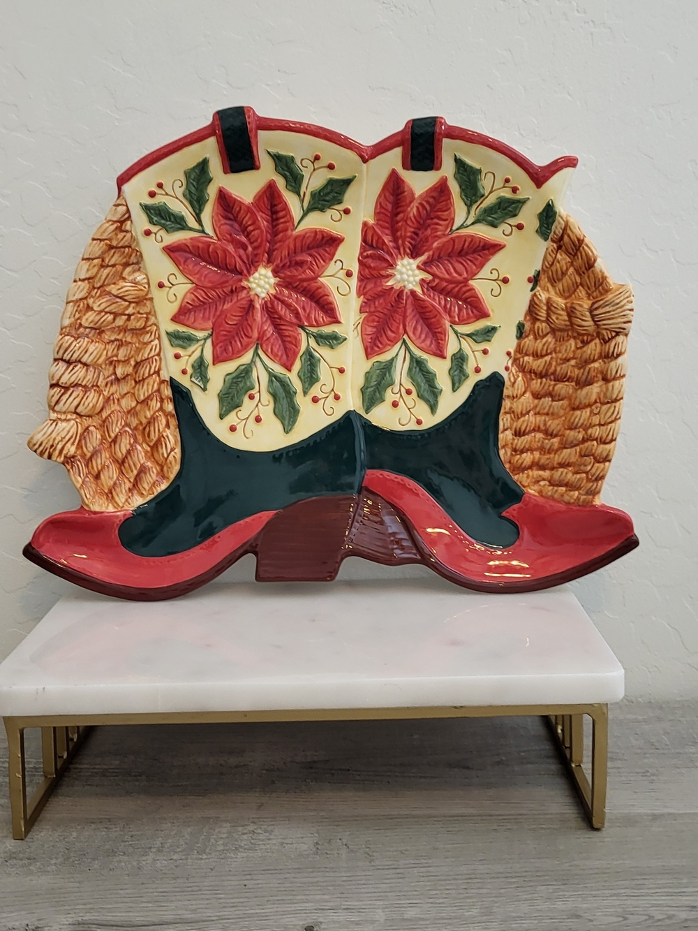 Vintage Red & Cream Poinsettia Cowboy Boot Platter